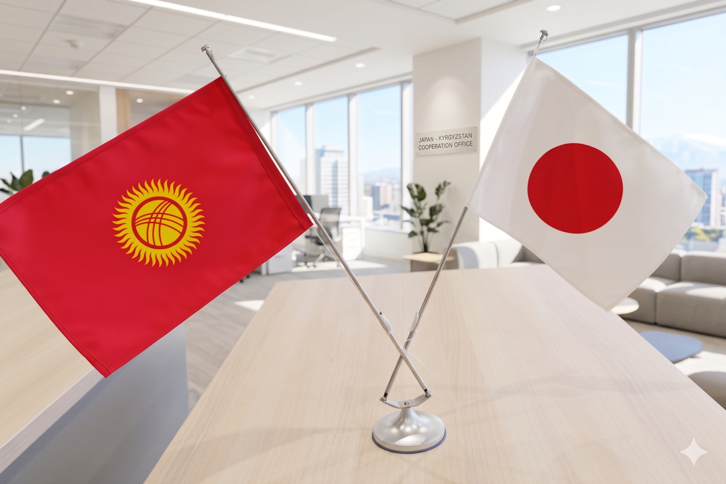 キルギス共和国と日本の国旗が並ぶ卓上フラッグ